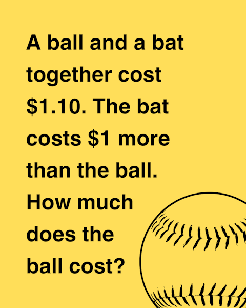 A ball and a bat together cost $1.10. How much does the ball cost?