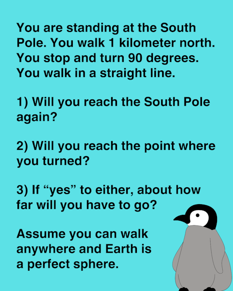 You are standing at the South Pole. You walk 1 kilometer north. You stop and turn 90 degrees. Will you reach the South Pole again? Will you reach the point where you turned?