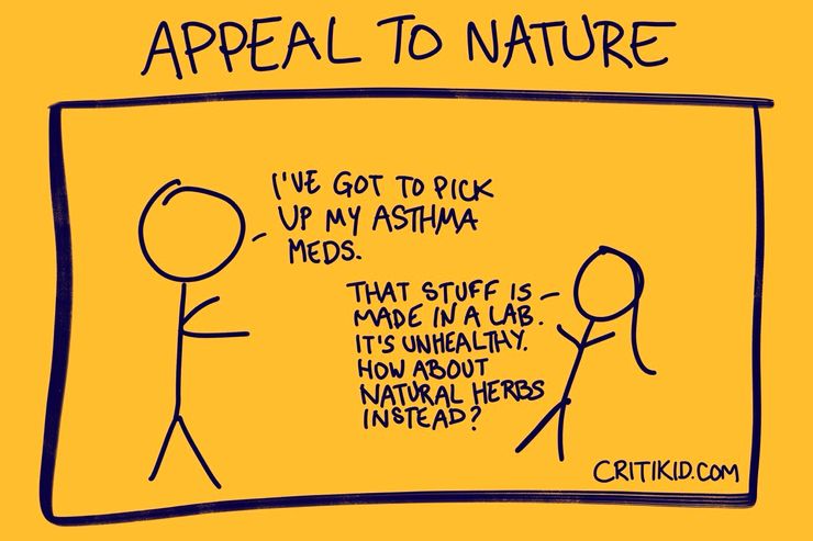 The title at the top reads Appeal to Nature. Cartoon with two stick figures. The figure on the left says they need to pick up asthma medication. The figure on the right responds that lab-made medicine is unhealthy and suggests using natural herbs instead. The bottom corner shows the website critikid.com.