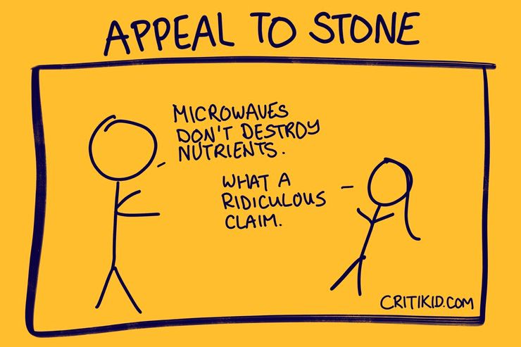 Title at the top reads Appeal to Stone. Cartoon with two stick figures. The first says microwaves don't destroy nutrients. The second says what a ridiculous claim. Website critikid.com appears in the bottom corner.