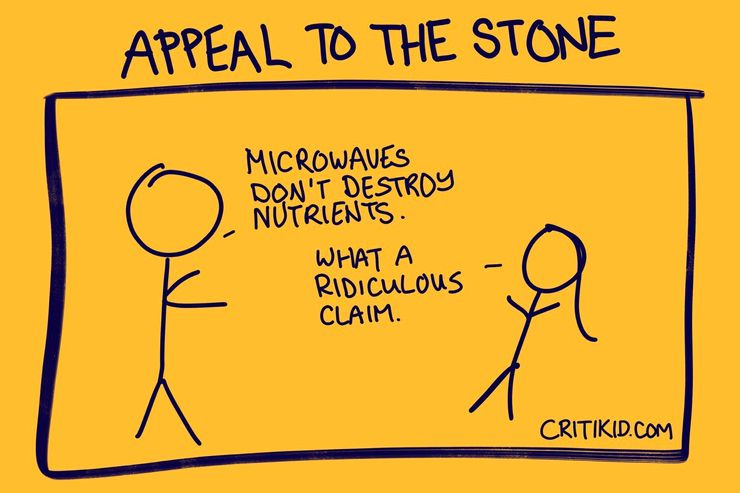 Title at the top reads Appeal to the Stone. Cartoon with two stick figures. The first says microwaves don't destroy nutrients. The second says what a ridiculous claim. Website critikid.com appears in the bottom corner.