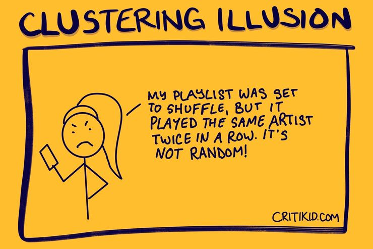 Title at the top reads Clustering Illusion. Below it, there is an image of a sad stick figure holding a phone. She says My playlist was set to shuffle, but it played the same artist twice in a row. It's not random. Website critikid.com appears in the bottom corner.