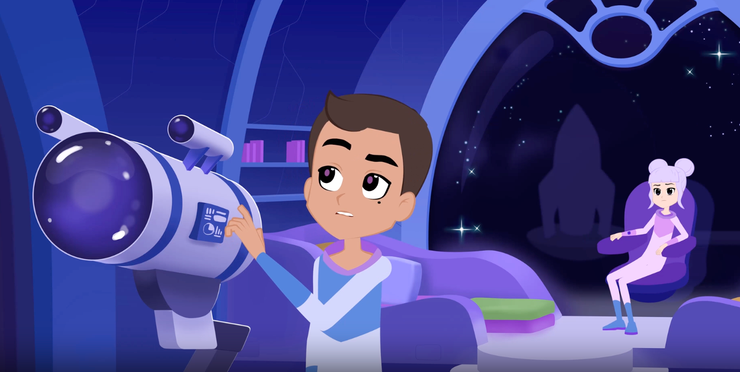Animated scene from Fallacy Detectors showing a boy operating a telescope inside a spaceship while a girl sits behind him.