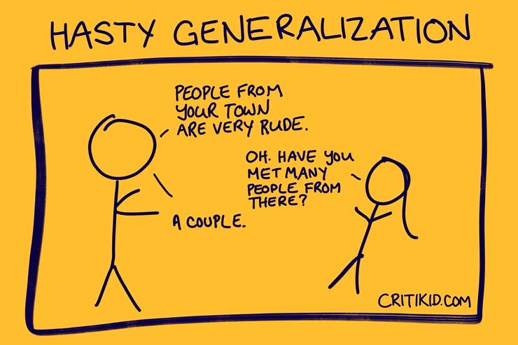 Title at the top reads Hasty Generalization. Cartoon with two stick figures. The first says people from the other person’s town are very rude. The second asks if they have met many people from that town. The first answers only a couple. Website critikid.com appears in the bottom corner.