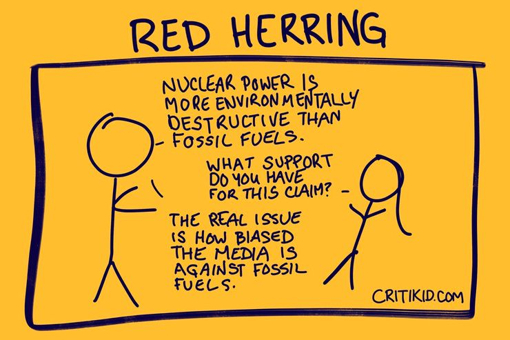Title at the top reads Red Herring. Cartoon with two stick figures. The first says nuclear power is more environmentally destructive than fossil fuels. The second says what support do you have for this claim. The first says teh reasl issue is how biased the media is against fossil fuels. Website critikid.com appears in the bottom corner.