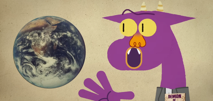 Purple horned cartoon demon gesturing beside Earth in TED-Ed’s The Demon of Reason animated series.