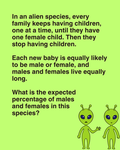 In an alien species, every family keeps having children, one at a time, until they have one female child.