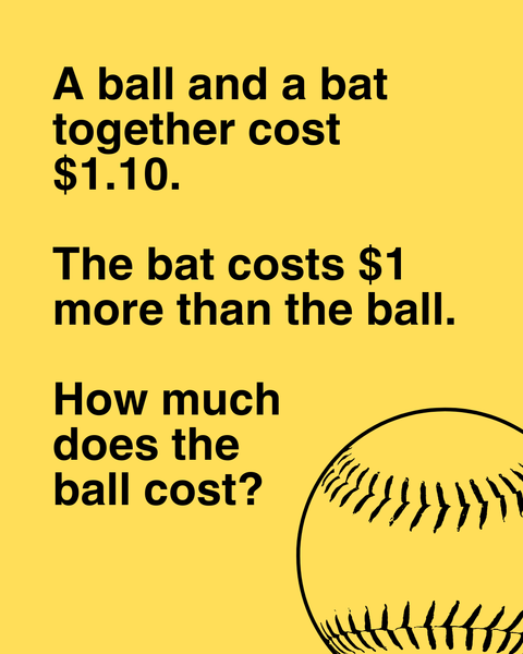 Can you solve the baseball puzzle? A ball and a bat together cost $1.10. The bat costs $1 more than the ball. How much does the ball cost?