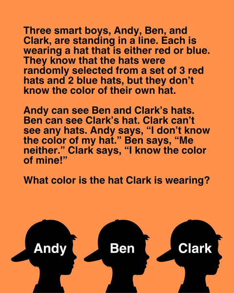 Three smart boys are standing in a line. Each is wearing a hat that is either red or blue, but they don’t know the color of their own hat.