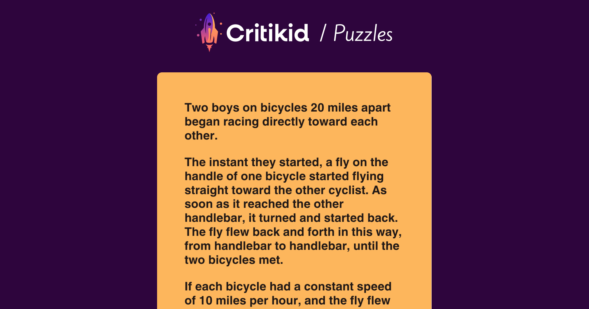 Click Bicycle Question Cache Bicycles and Fly Puzzle - Critical Thinking Brainteaser - Critikid